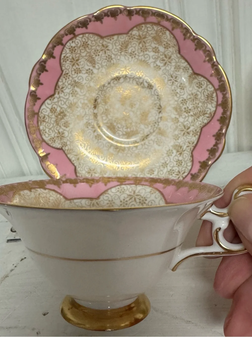Vintage English Bone China Teacup Sets Foley Stanley Pink Gold Filigree 2 Sets